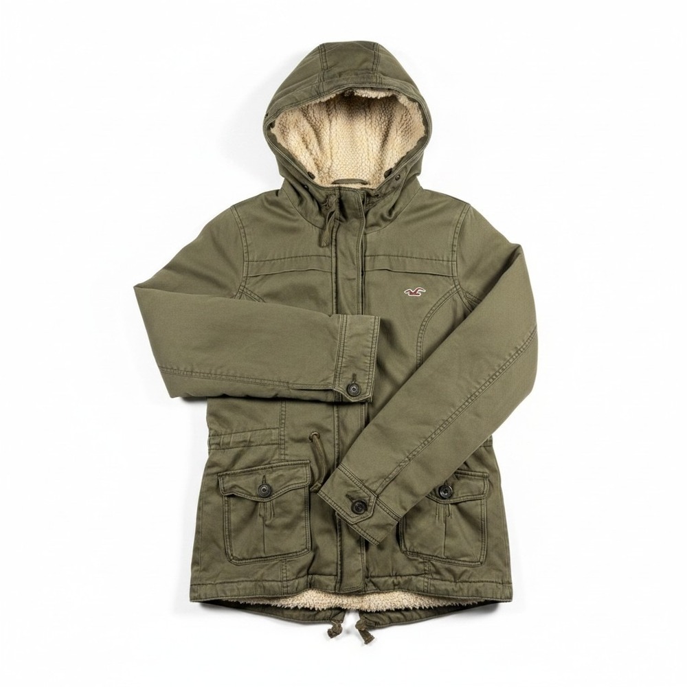 Hollister Sherpa Lined Utility Parka Women L Olive Green Military Y2K Jacket